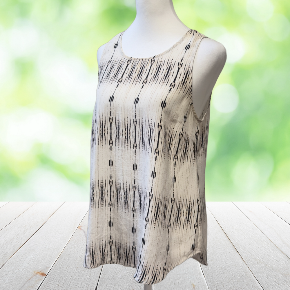 Vintage Y2K CYNTHIA ROWLEY Silk Blouse Ikat Print Sleeveless Cream Black Size S
